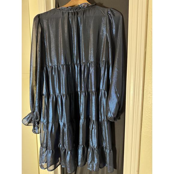 Code x Mode Metallic‎ Blue Tiered Dress Loose Fit Long Sleeve Size S Fairy - Picture 4 of 7